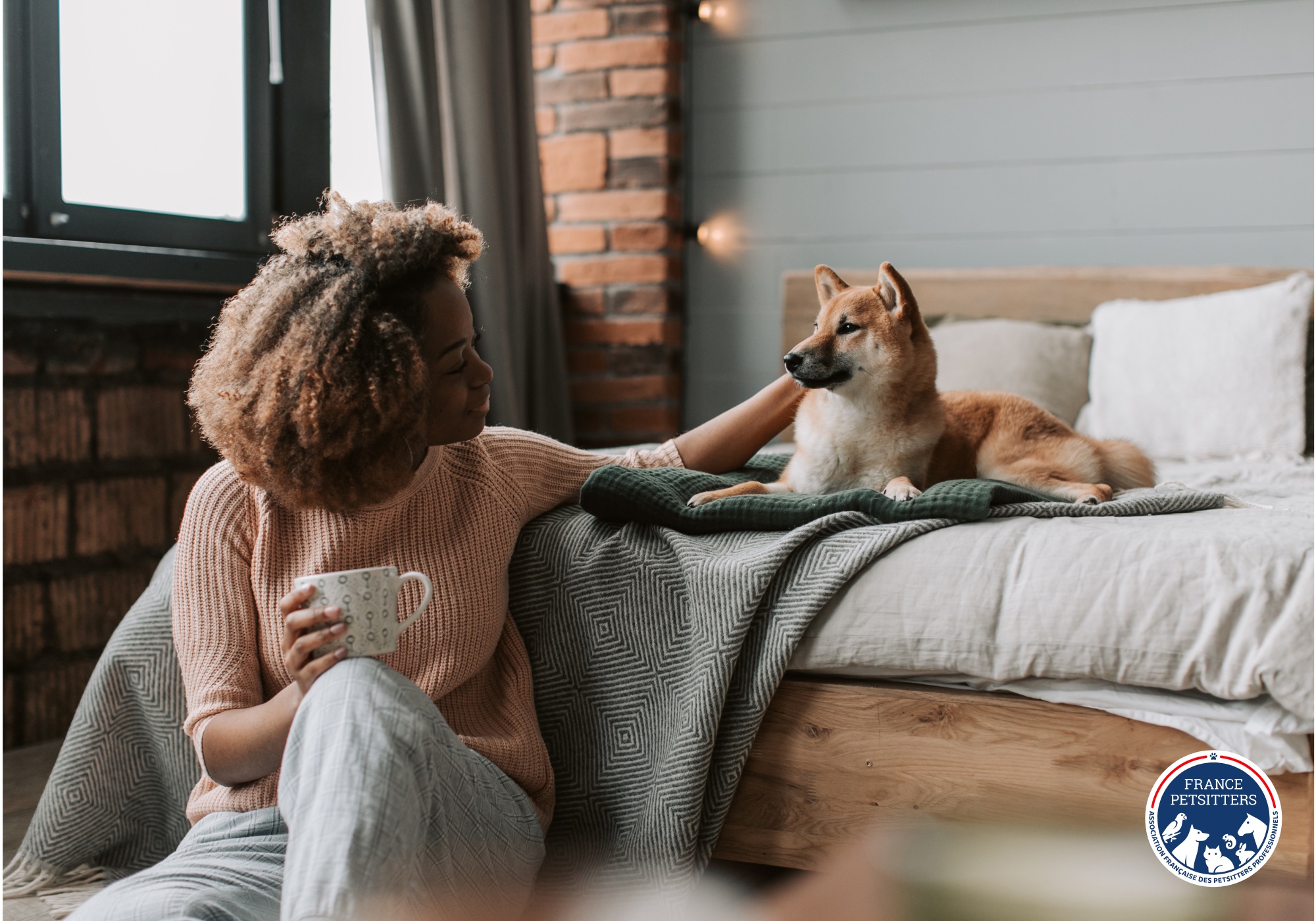 Une petsitter veille sur un chien installé sur un lit, une tasse à la main